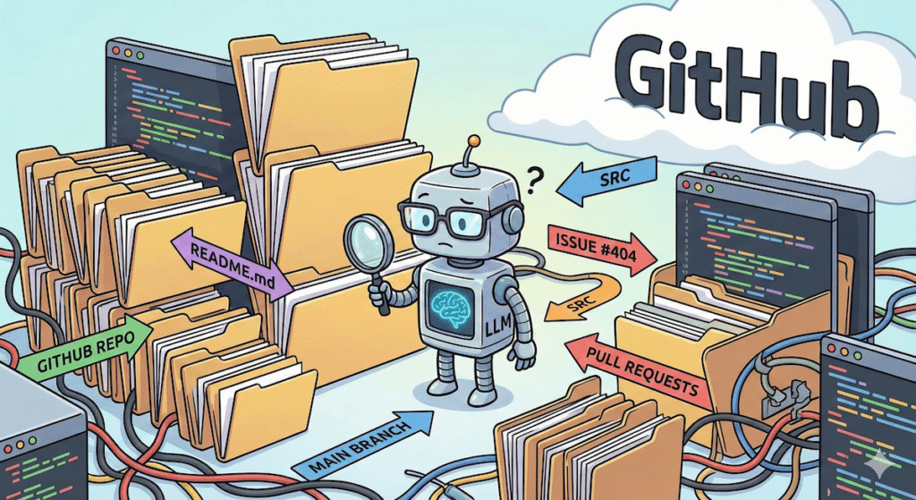 Cartoonized representation of an LLM navigating GitHub repos...Image created with Google Nano Banana