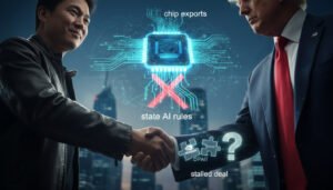 Read more about the article Jensen Huang Meets Trump on Chip Exports, Hits State AI Rules While OpenAI Deal Stalls