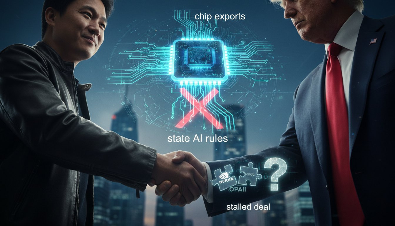 You are currently viewing Jensen Huang Meets Trump on Chip Exports, Hits State AI Rules While OpenAI Deal Stalls