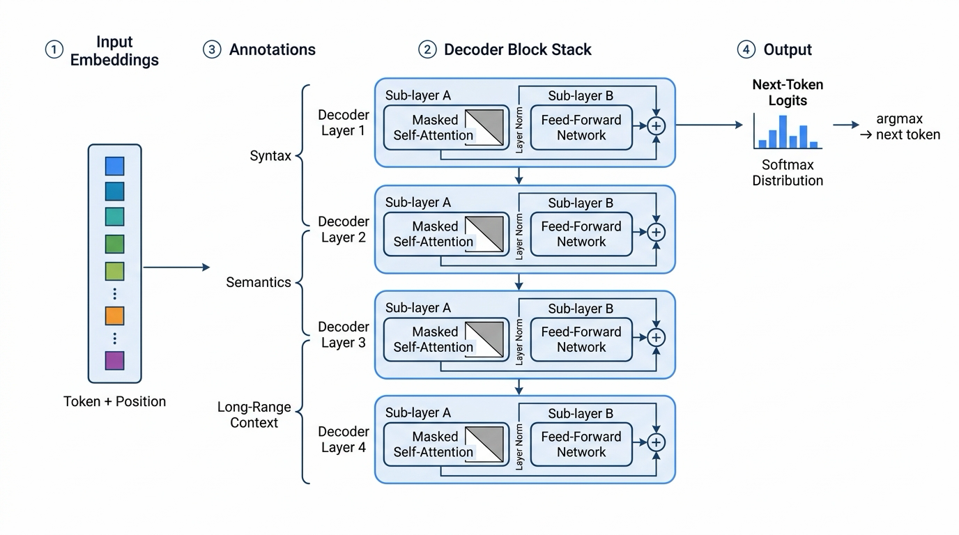 Decoder-only transformer stack with input embeddings, masked self-attention and feed-forward layers annotated for syntax, semantics, and long-range context, producing next-token logits