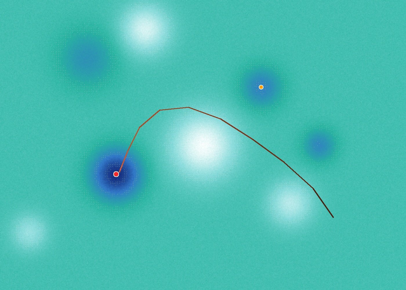 A flat top-down heatmap of a neural network's loss surface, with dark-blue low-loss basins, bright white high-loss peaks, and an orange gradient-descent trajectory ending at a red minimum marker
